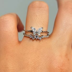 925 Sterling Silver Butterfly Engagement Wedding Ring Set Size 8